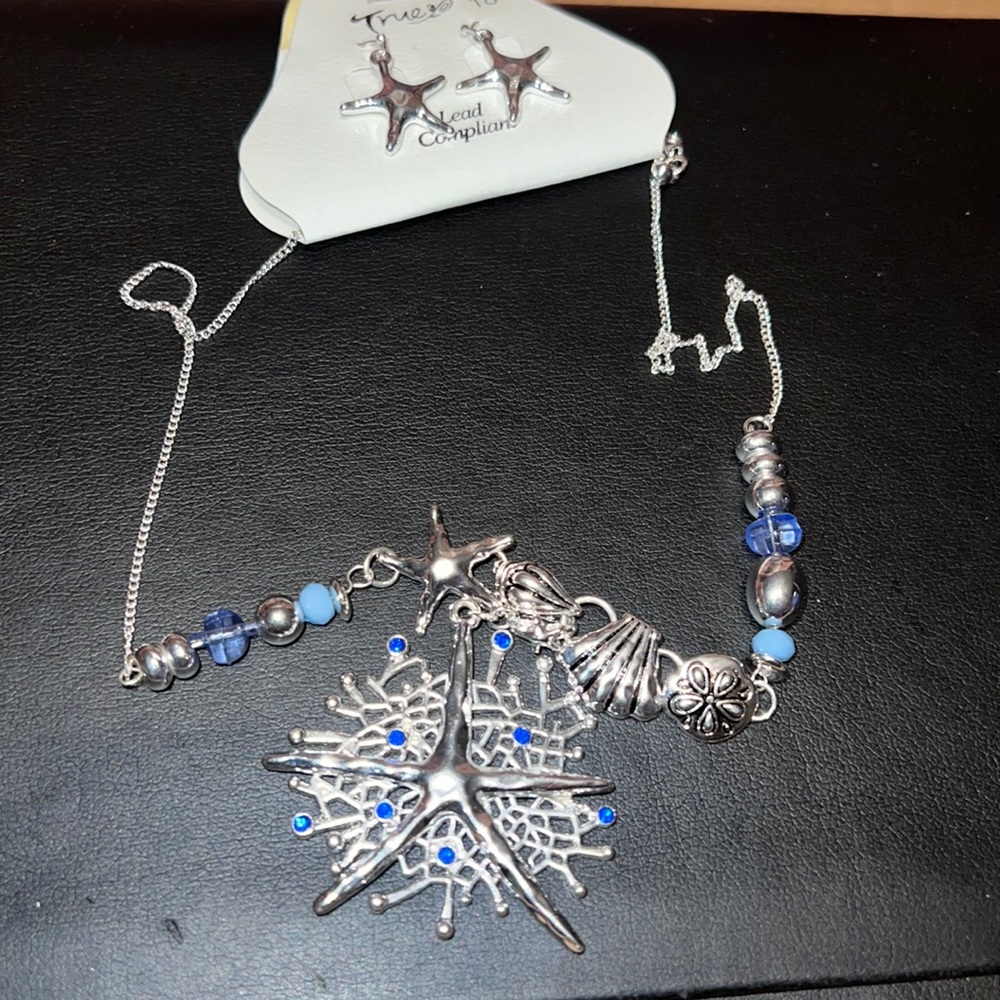 New True Starfish Seashells Beaded Pendant & Charms 18” Necklace / Earrings